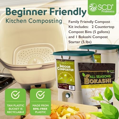 Beginner friendly kitchen composting kit with bins and bokashi starter.