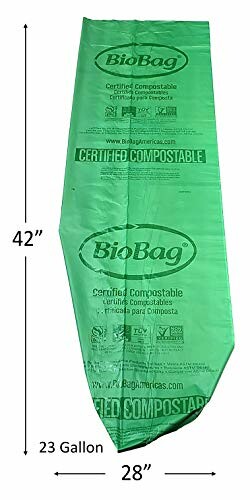 Green BioBag compostable 23-gallon trash bag with dimensions.