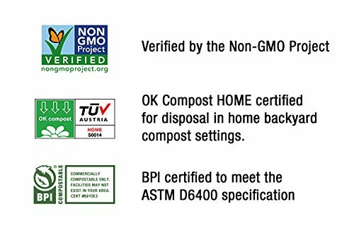 Certification logos for Non-GMO Project, OK Compost HOME, and BPI Compostable.