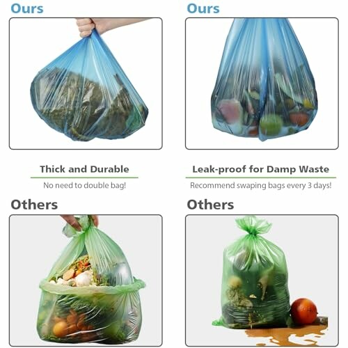 Comparison between durable blue garbage bags and leaking green bags.