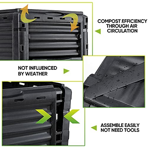 Compost bin showing air circulation, weather resistance, and easy assembly.