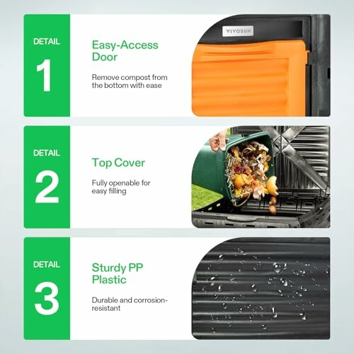 Image showing features of a compost bin: easy-access door, top cover, and sturdy PP plastic.