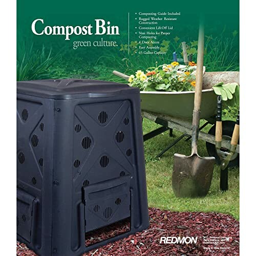 Compost bin with garden tools and wheelbarrow in background.