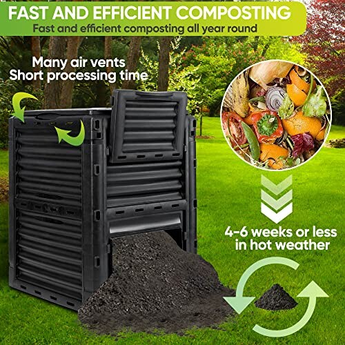 Compost bin showing air vents, composting time, and organic waste.