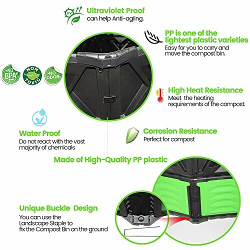 Compost bin features including ultraviolet proof, lightweight PP plastic, high heat resistance, waterproof, corrosion resistance, and unique buckle design.