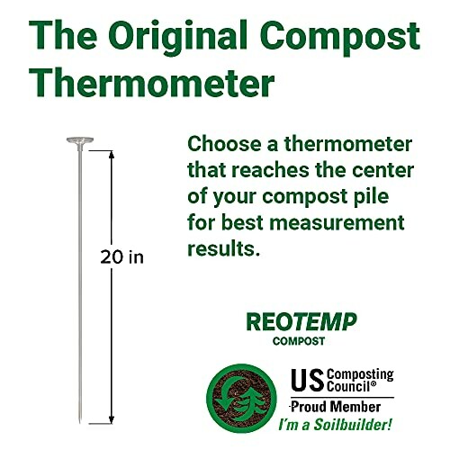 Advertisement for a 20-inch compost thermometer by Reotemp, featuring compost council membership.