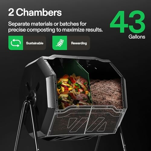 Compost tumbler with 2 chambers and 43-gallon capacity