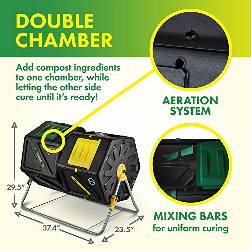 Double chamber compost tumbler with aeration system and mixing bars.