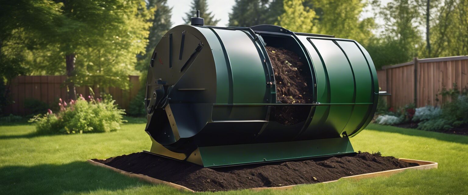 Compost tumbler in a backyard