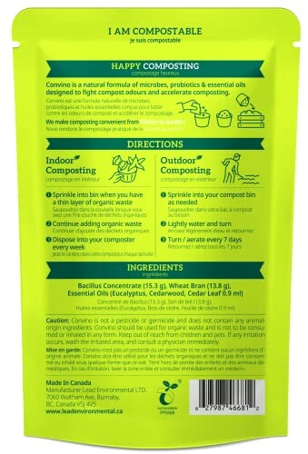 Back of a compostable bag with instructions and ingredients.