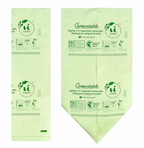 Compostable green bags with eco-friendly logos and text.