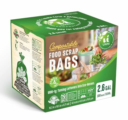 Compostable food scrap bags packaging, 2.6 gallon size.