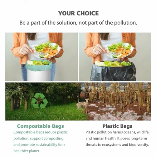 Comparison between compostable and plastic bags highlighting environmental impacts.