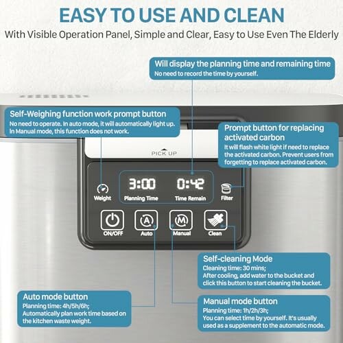 Machine interface with buttons and display for easy use and cleaning instructions.