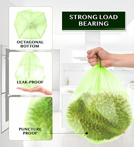 Green garbage bag demonstrating strong load bearing, leak-proof, and puncture-proof features.