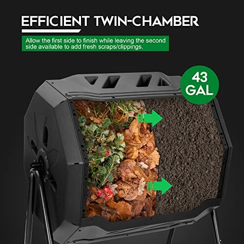 Dual-chamber composter with 43-gallon capacity, showing separate compartments for fresh scraps and finished compost.