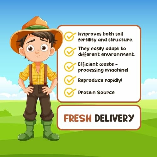 Cartoon farmer with checklist on farming benefits