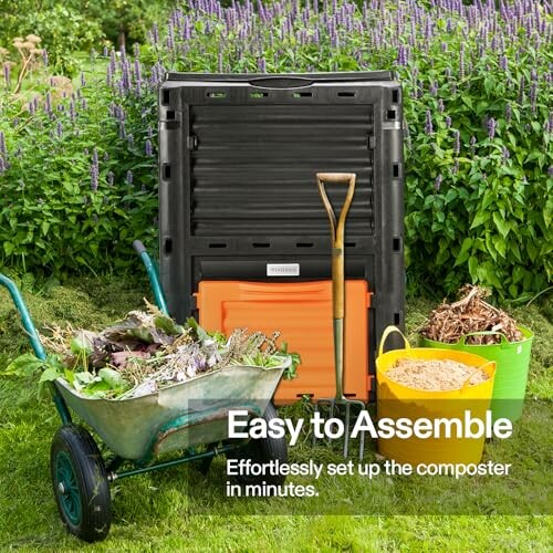 Garden composter with tools and materials for assembly.