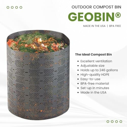 Outdoor compost bin filled with organic waste next to product features list.