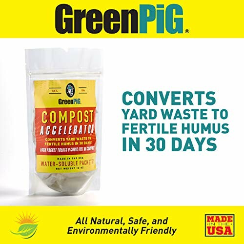 GreenPig compost accelerator package promising conversion of yard waste to fertile humus in 30 days.