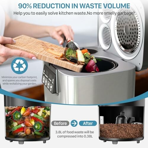 Device showing 90% reduction in kitchen waste volume, with food scraps being compressed.