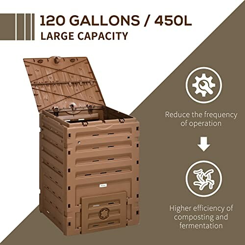 Brown compost bin with 120 gallons capacity and open lid.