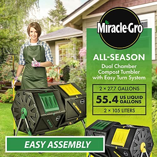 Woman assembling Miracle-Gro dual chamber compost tumbler in garden.