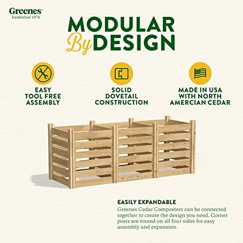 Modular cedar composter with easy tool-free assembly and solid dovetail construction.