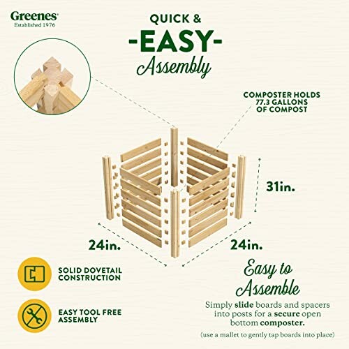 Quick and easy assembly compost bin with 77.3 gallons capacity.