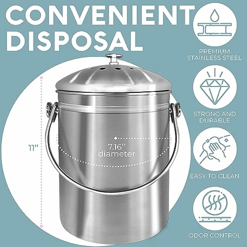 Stainless steel compost bin with lid and handle, 11 inches tall, 7.16 inches diameter.