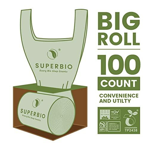 Superbio compostable bags with big roll and 100 count packaging.