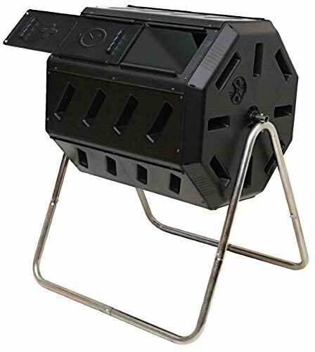 Black tumbler compost bin on metal stand.