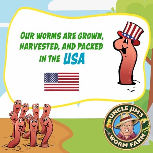 Cartoon worms promoting USA-grown worms at Uncle Jim's Worm Farm.