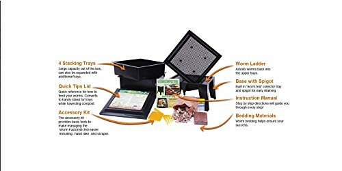 Components of a worm composting kit with stacking trays, worm ladder, and accessories.