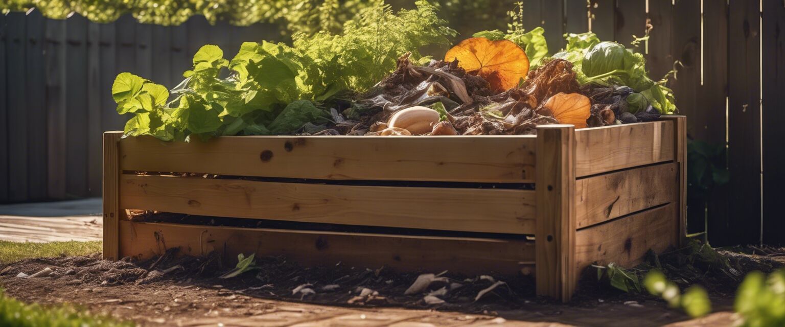 Wooden compost bin filled with organic waste